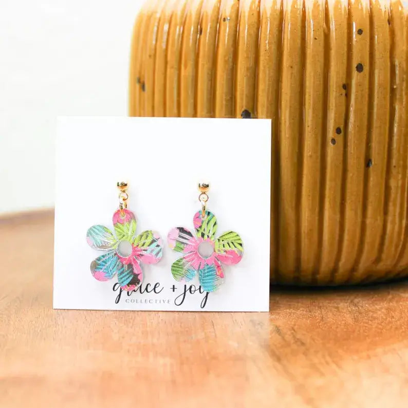 Tropical Flower Dangle Earrings, Acrylic Earrings
