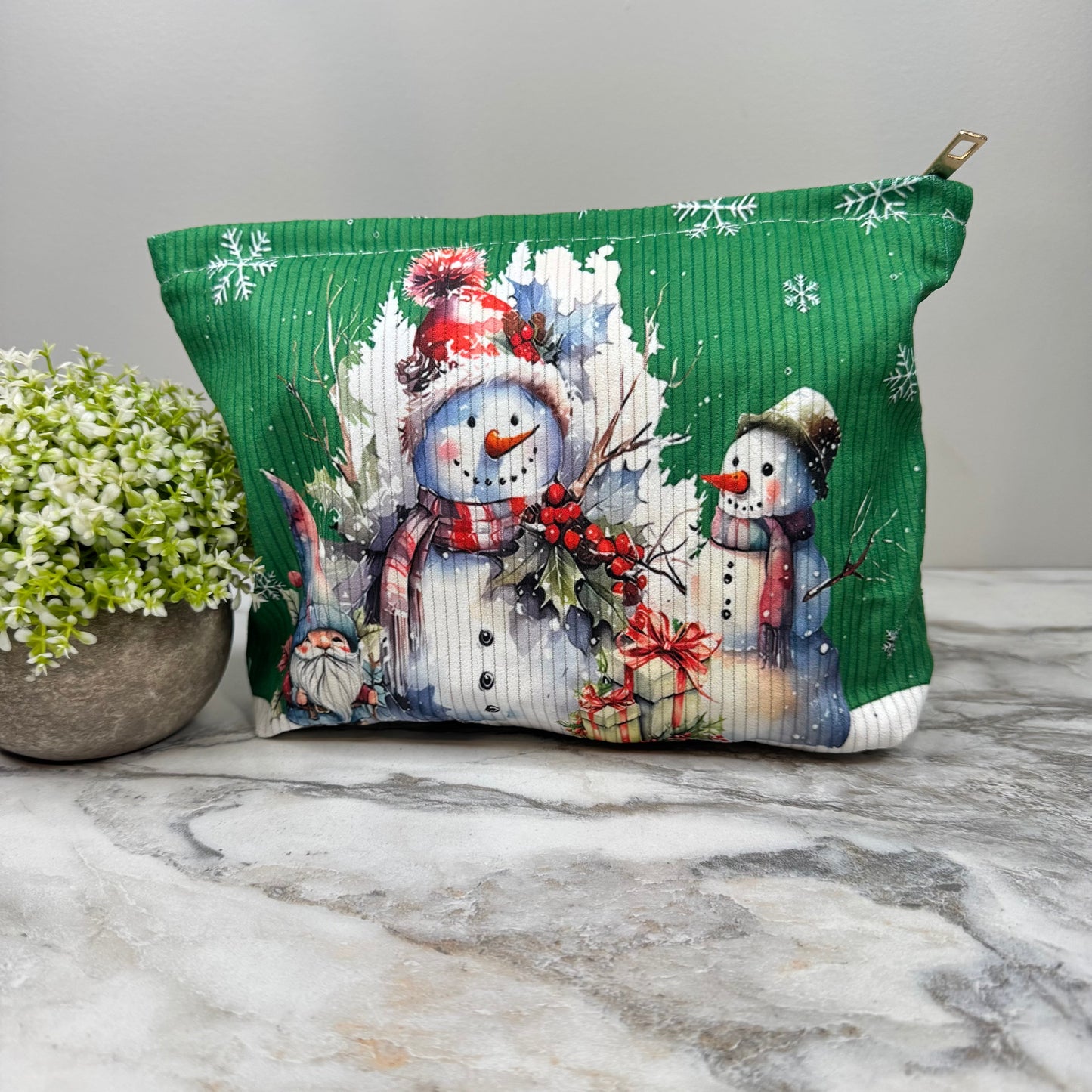 Corduroy Zip Pouch - Christmas Snowmen Green