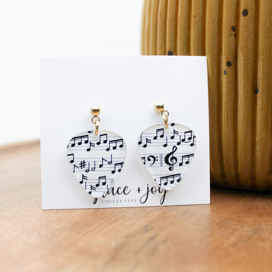 Guitar Pick Dangle Earrings, Acrylic Earrings : Wood