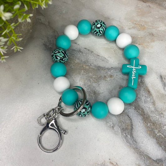 Silicone & Wood Bracelet Keychain - Religious, Jesus, White & Teal
