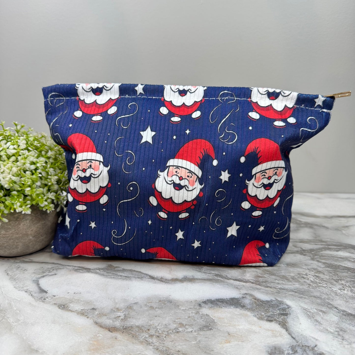 Corduroy Zip Pouch - Christmas Santa Blue