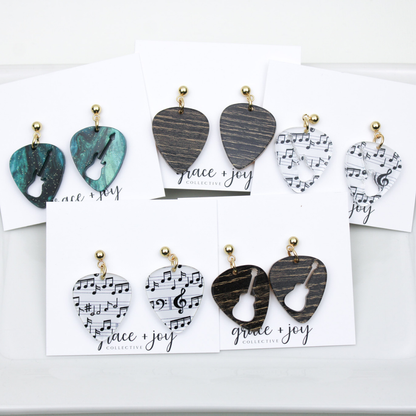 Guitar Pick Dangle Earrings, Acrylic Earrings   : Wood
