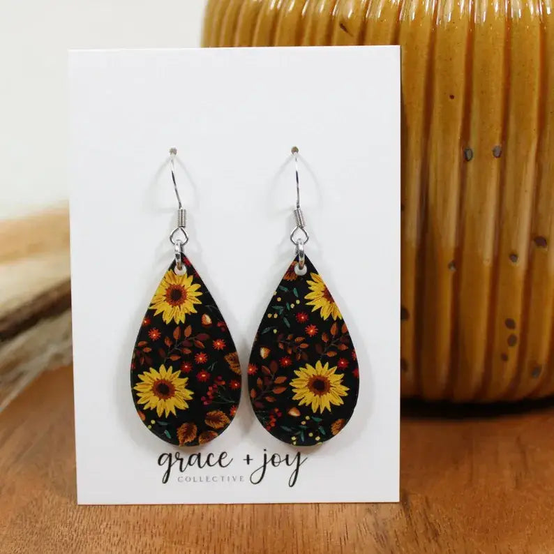 Fall Sunflower Dangle Earrings, Acrylic Earrings