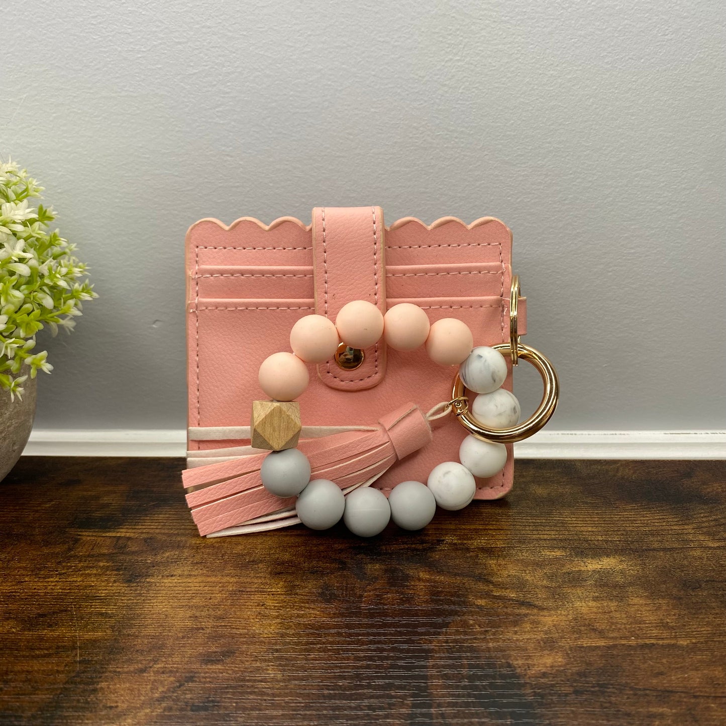 Silicone Bracelet Keychain with Scalloped Card Holder - Peachy Pink