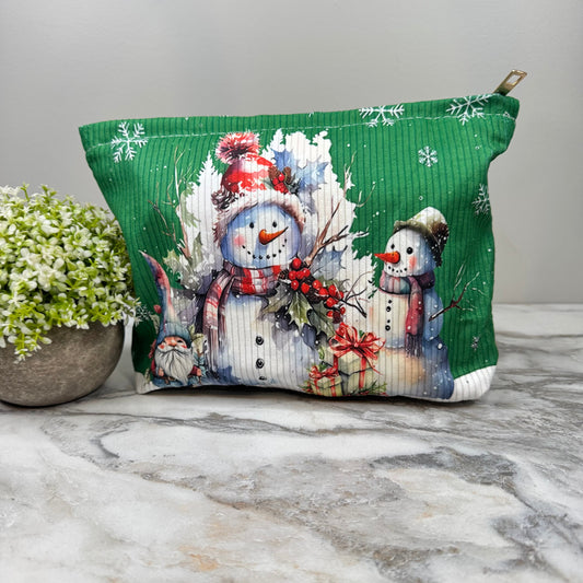 Corduroy Zip Pouch - Christmas Snowmen Green