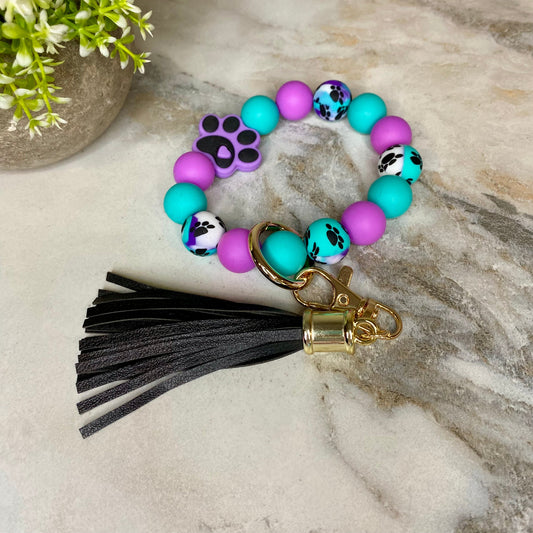 Silicone Bracelet Keychain - Paw Print Purple & Teal