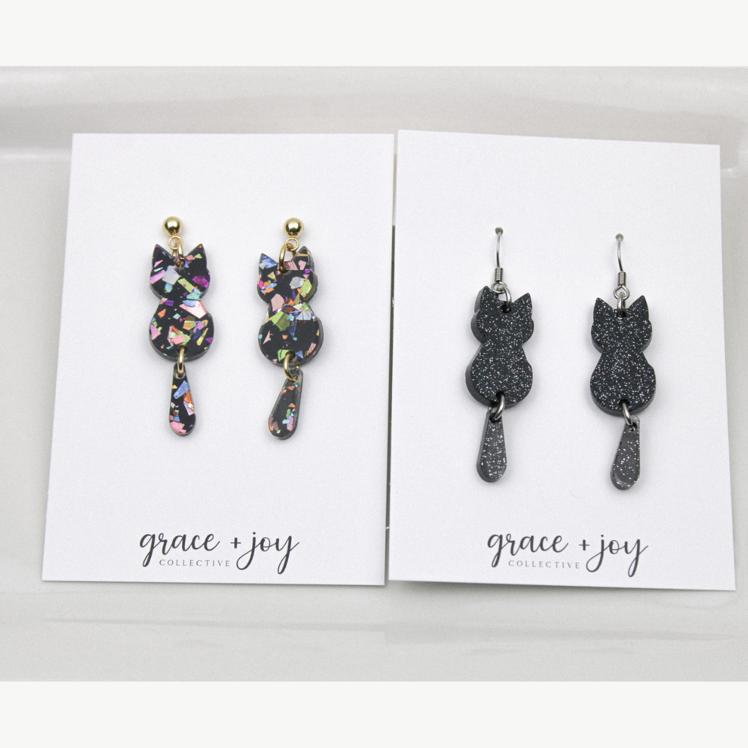 Black Cat Dangle Earrings, Acrylic Earrings Hallween: Multi-Colored