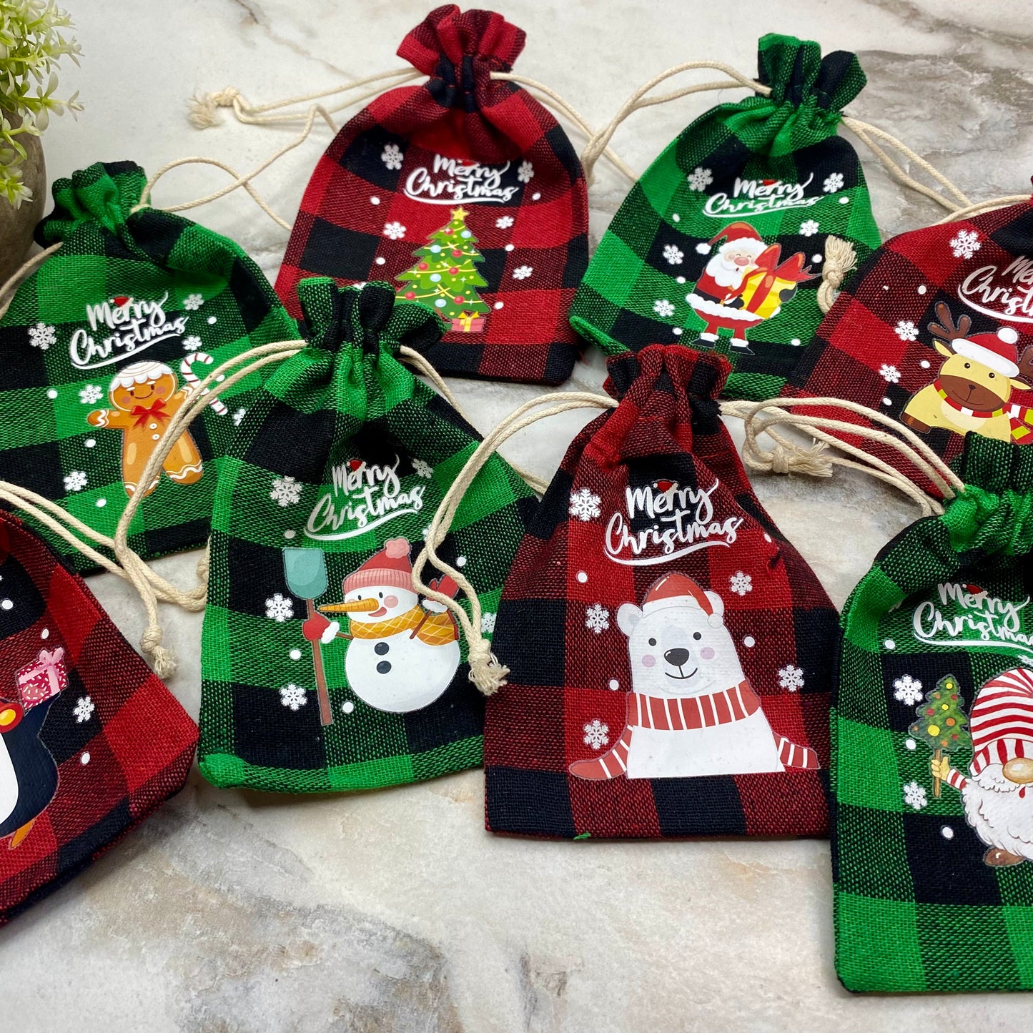 Mini Drawstring Cinch Bags - Christmas