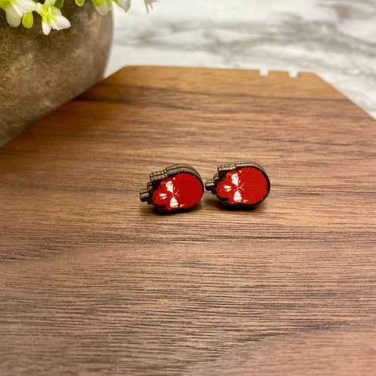 Wooden Stud Earrings - Halloween - Red Skull