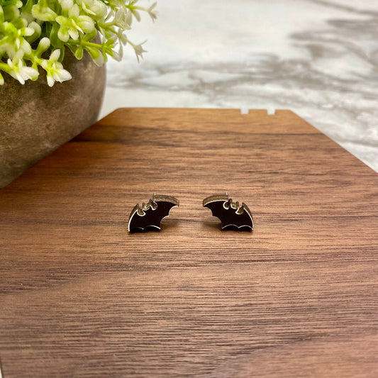 Wooden Stud Earrings - Halloween - Flying Bats