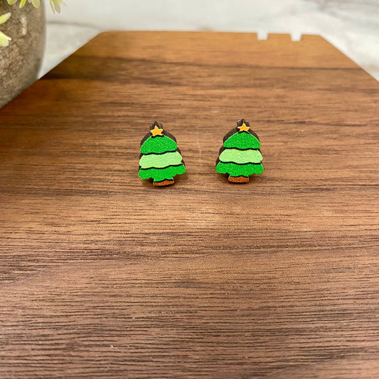 Wooden Stud Earrings - Christmas - Trees #5