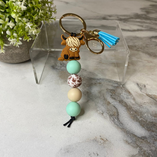 Keychain - Silicone Bead - Highland Cow - Mint Blue