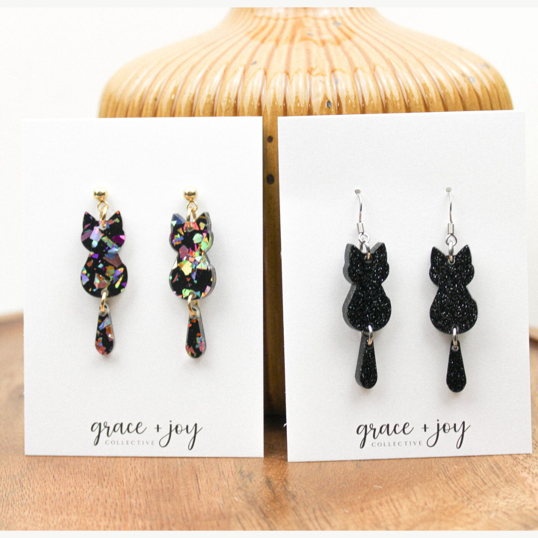 Black Cat Dangle Earrings, Acrylic Earrings Hallween: Multi-Colored