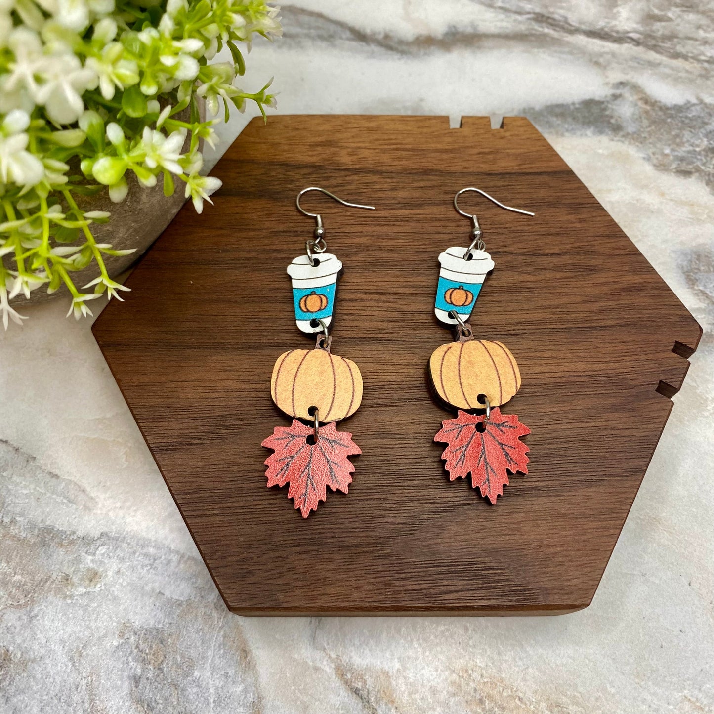 Wooden Dangle Earrings - Fall - #2