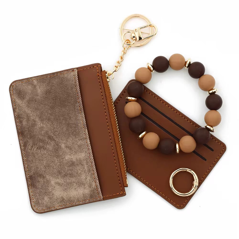 Brown Denim Card Wallet Keychain