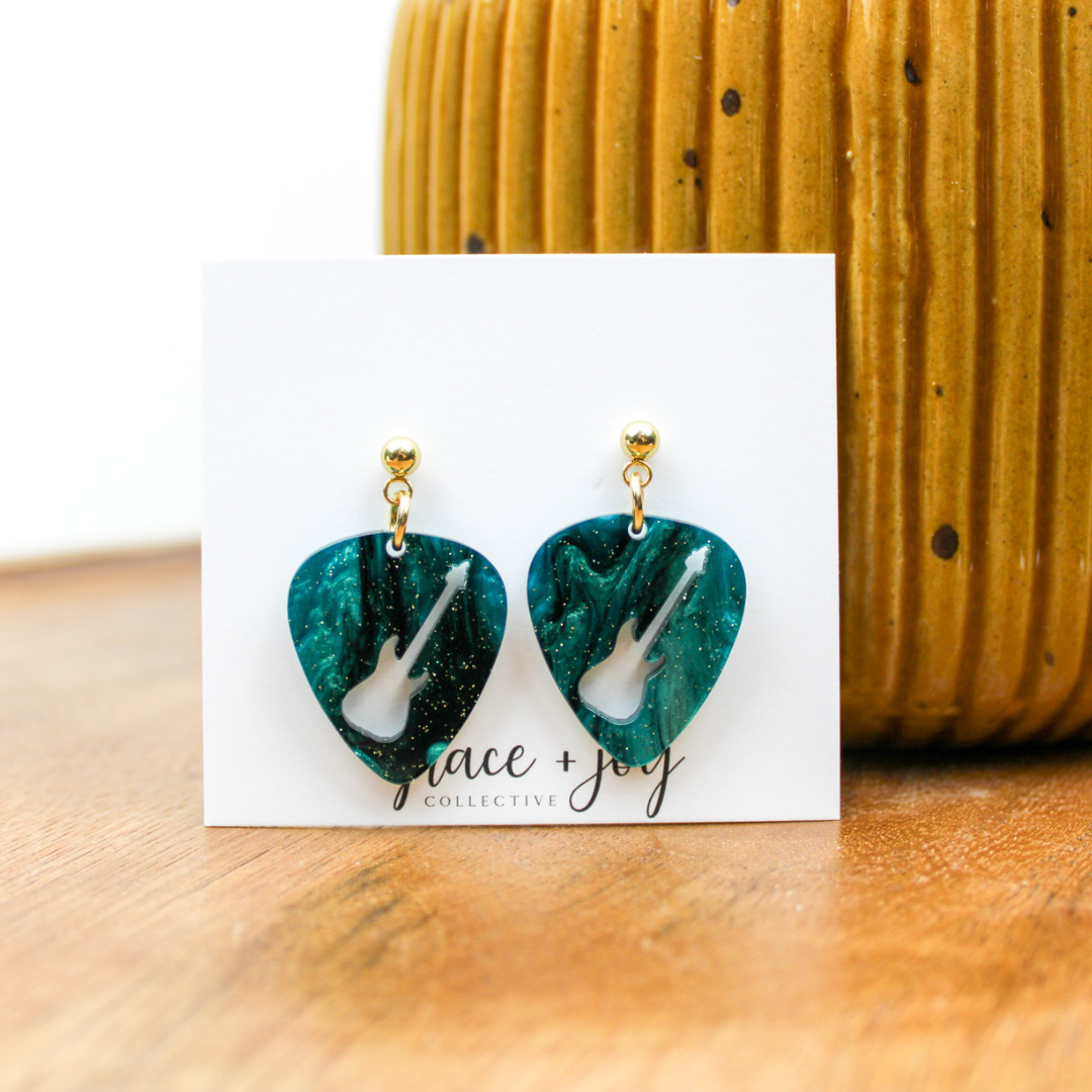 Guitar Pick Dangle Earrings, Acrylic Earrings   : Wood