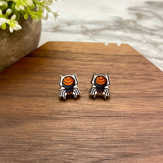 Wooden Stud Earrings - Halloween - Black & Orange Spider