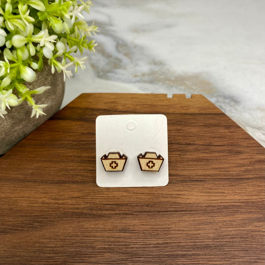 Wooden Stud Earrings - Nurse Hat