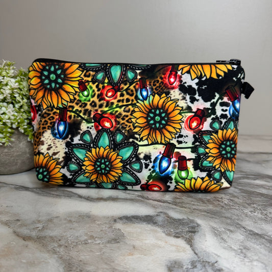 Pouch - Holiday Christmas - Turquoise Sunflower with Lights