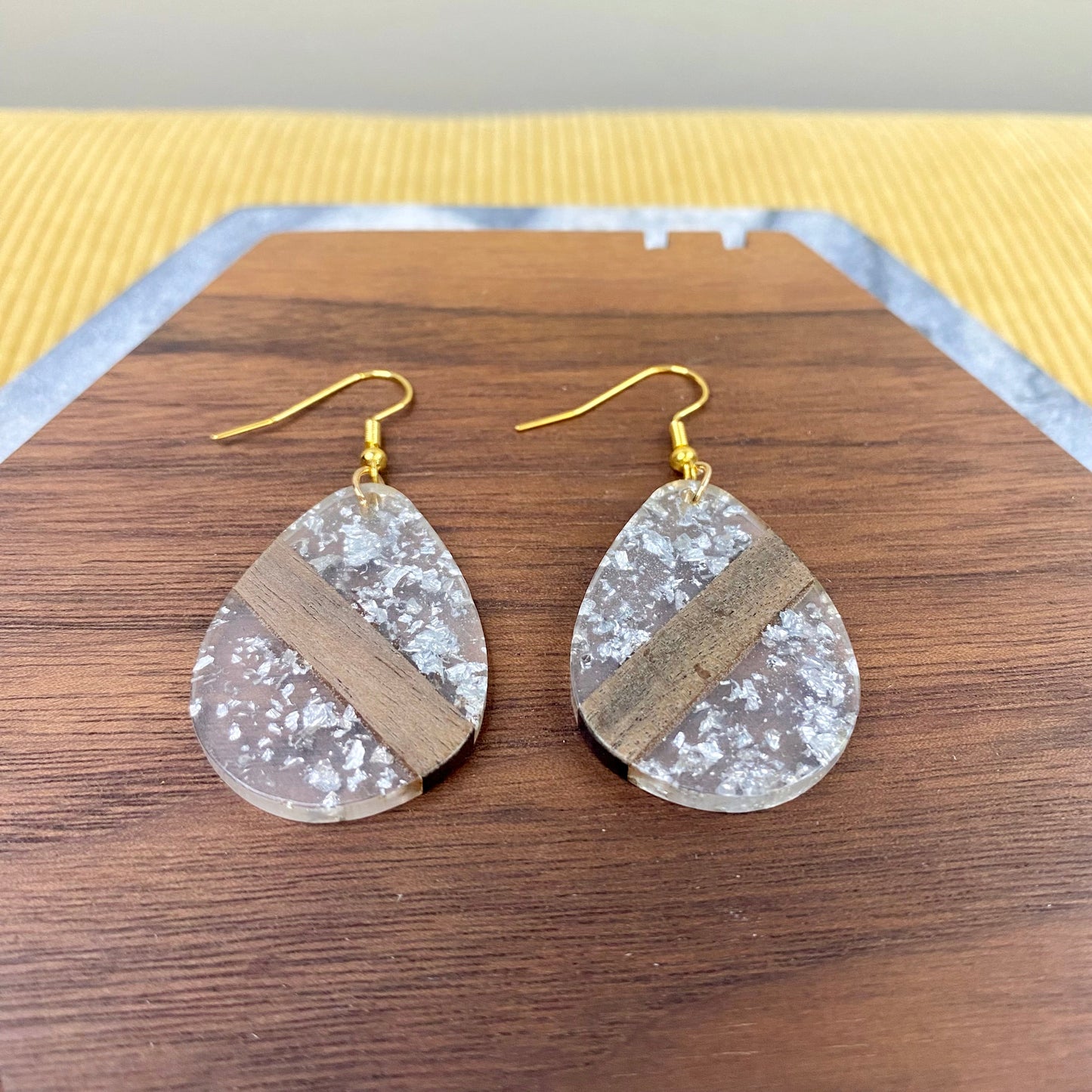 Dangle Earring - Wood & Acrylic - Clear Silver Glitter & Wood