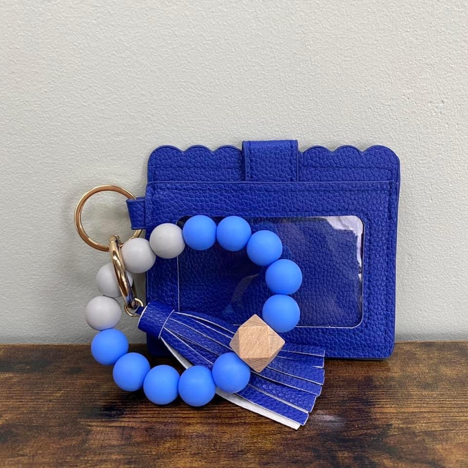 Silicone Bracelet Keychain with Scalloped Card Holder - Blue