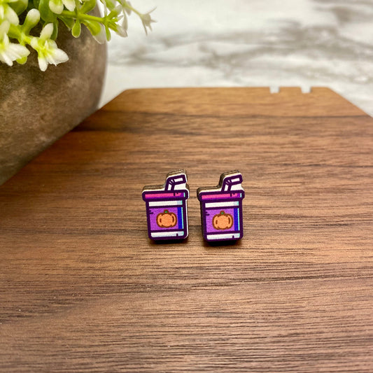 Wooden Stud Earrings - Halloween - Purple Pumpkin Cup