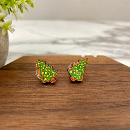 Wooden Stud Earrings - Christmas - Trees #4