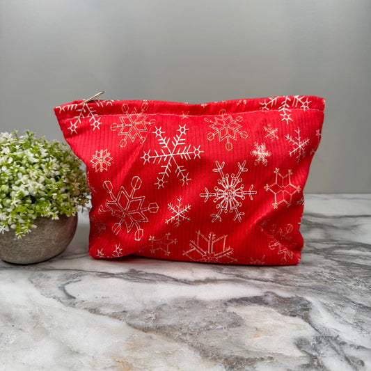 Corduroy Zip Pouch - Christmas Snowflake Red