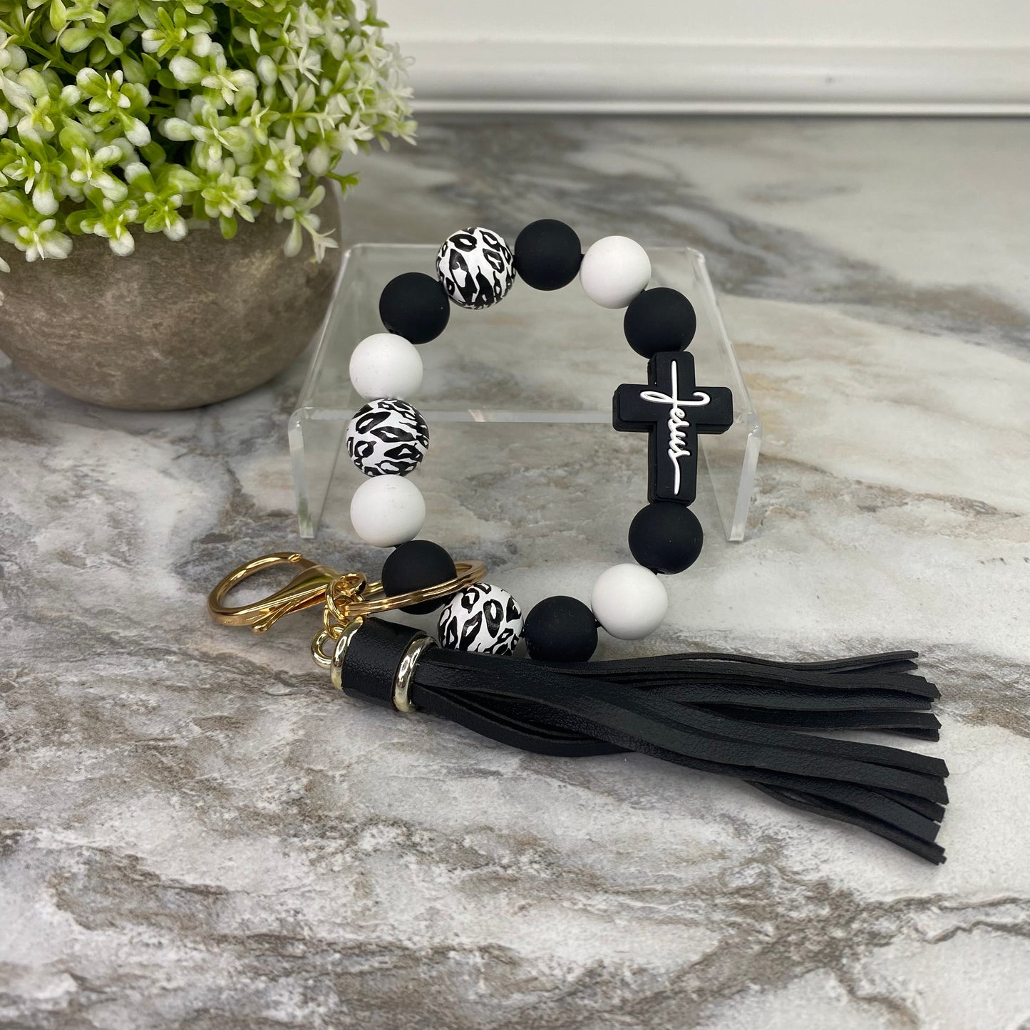 Silicone & Wood Bracelet Keychain - Jesus, B+W