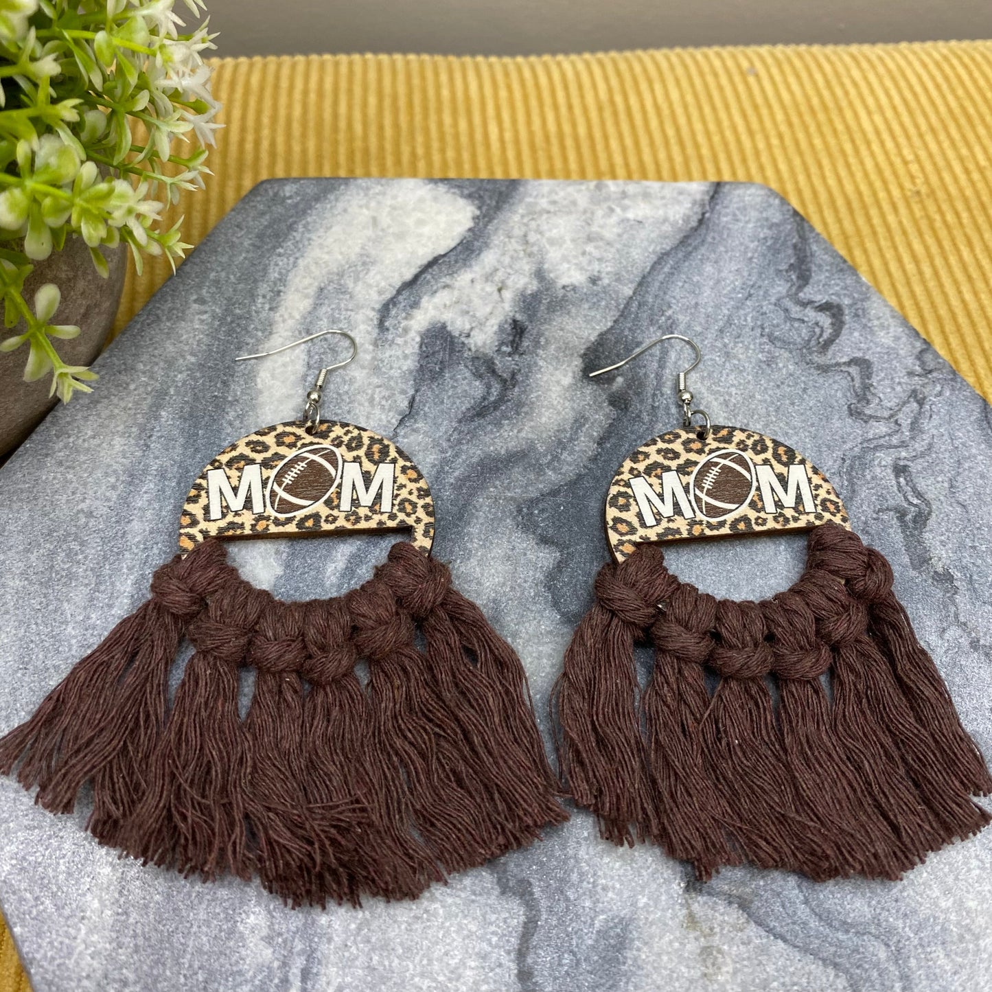 Wood & Macrame Earrings - Half Football Mom