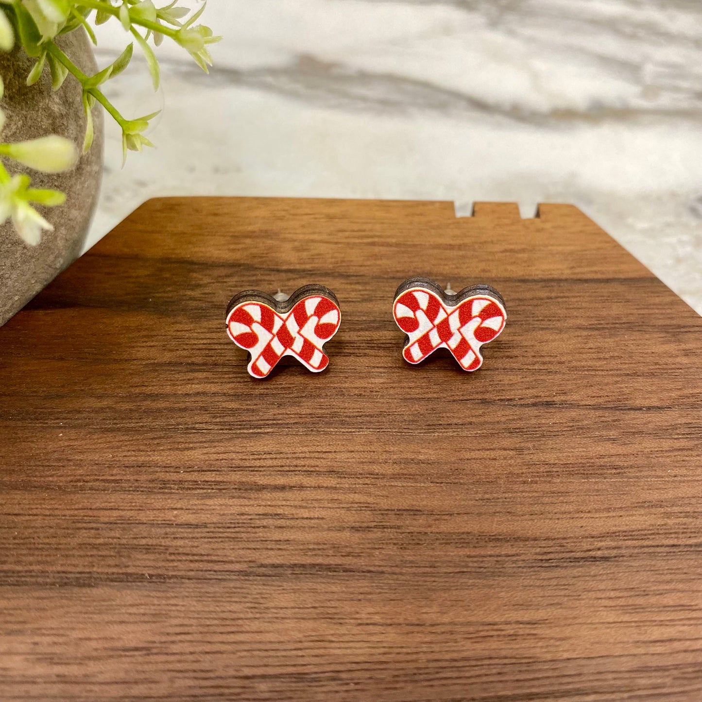 Wooden Stud Earrings - Christmas - Candy Canes