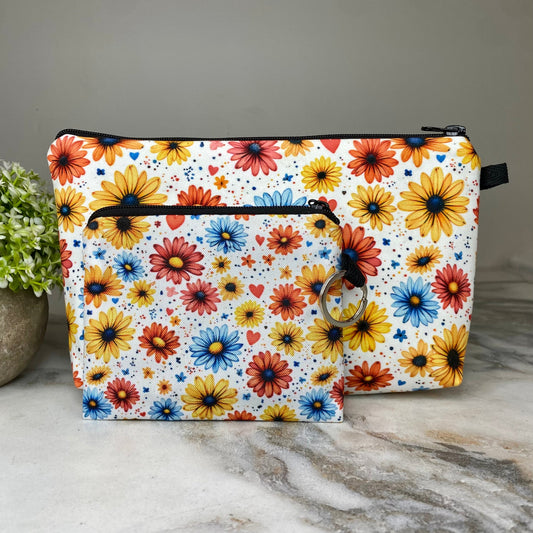 Pouch & Mini Pouch Bundled Set - Floral Small Red Blue Yellow Daisy