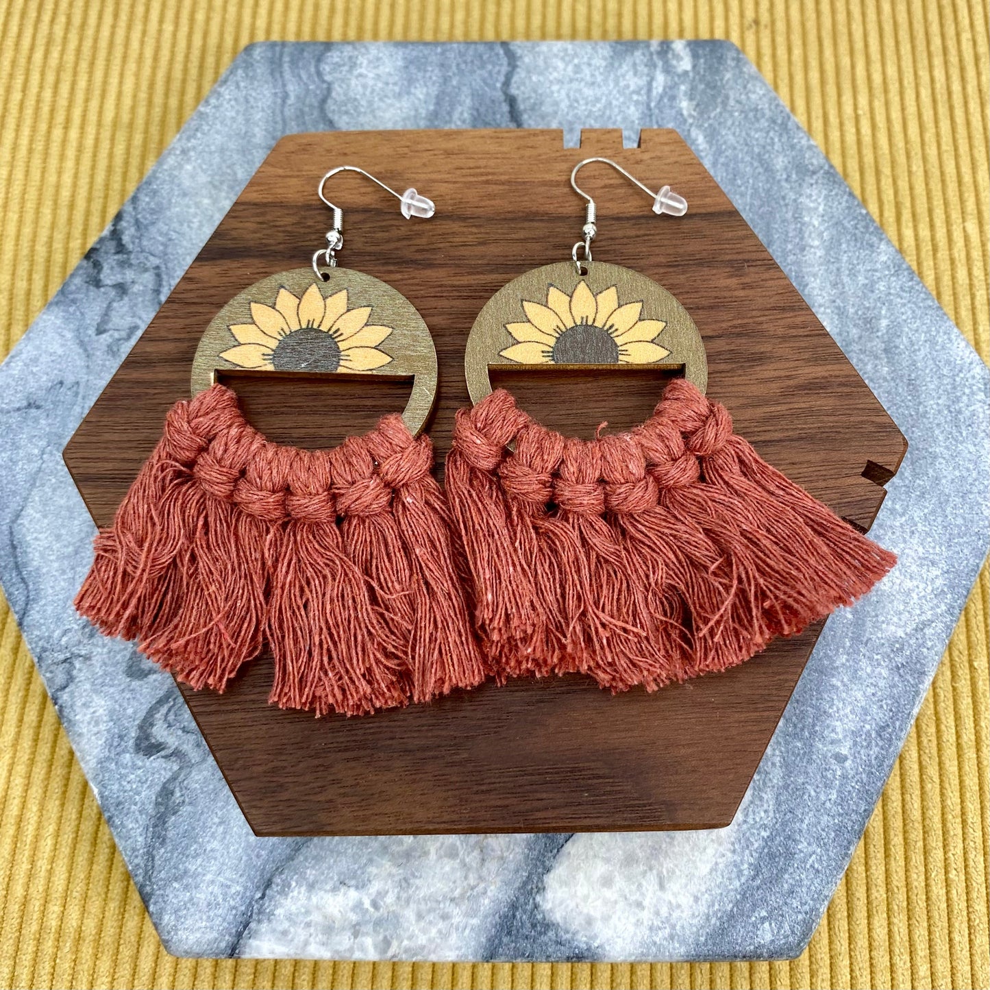 Wood & Macrame Earrings - Half Sunflower