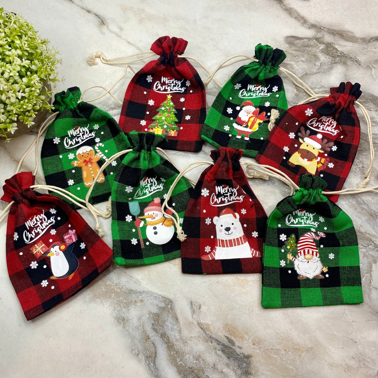 Mini Drawstring Cinch Bags - Christmas