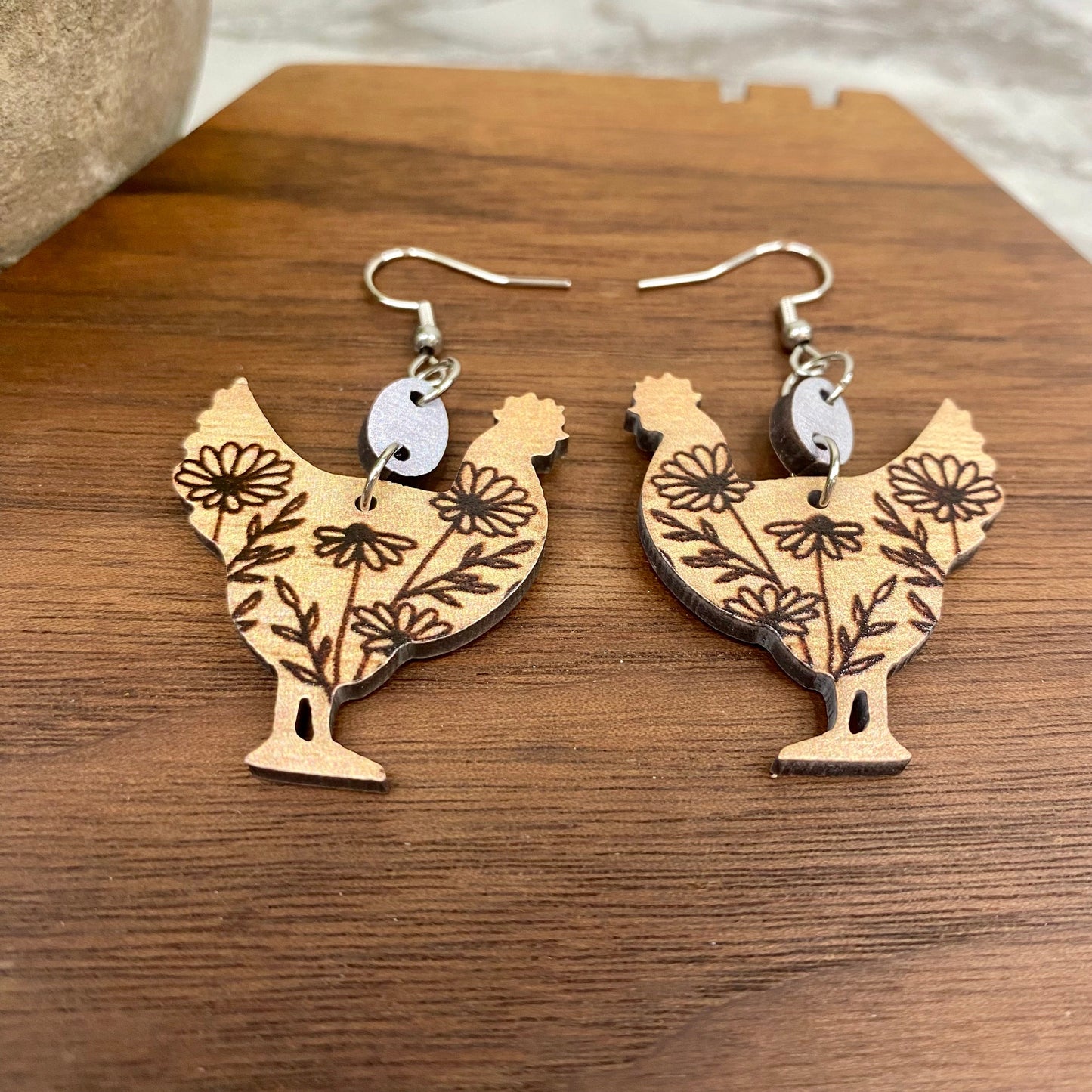 Wooden Dangle Earrings - Chicken - #2