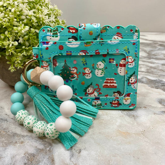 Silicone Bracelet Keychain with Scalloped Card Holder - Christmas - Turquoise Snowman