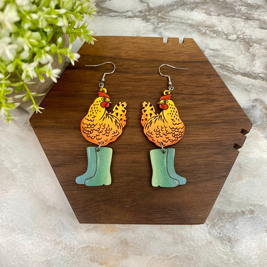 Wooden Dangle Earrings - Chicken - #9