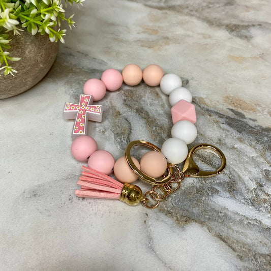 Silicone Bracelet Keychain - Cross - Light Pink
