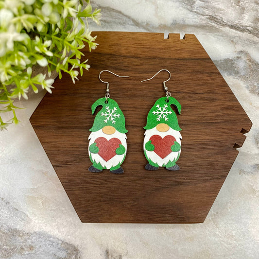 Wooden Dangle Earrings - Christmas - Gnome Heart