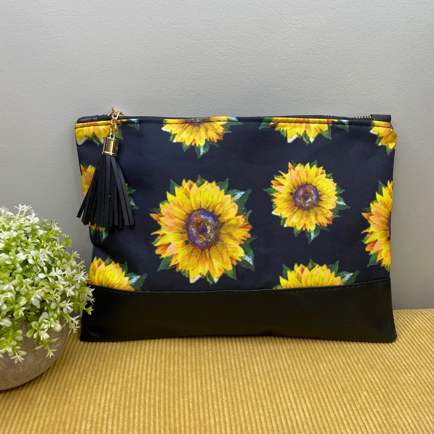 Clutch - Oversized Faux Leather & Canvas with Tassel - Sunflower