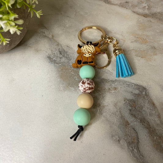 Keychain - Silicone Bead - Highland Cow - Mint Blue