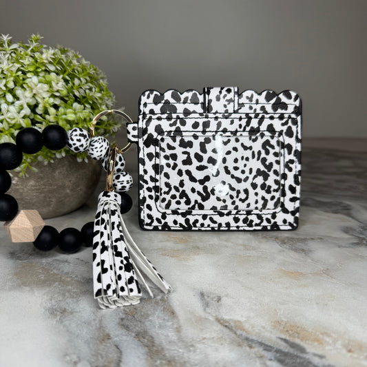 Silicone Bracelet Keychain with Scalloped Card Holder - Black Spots