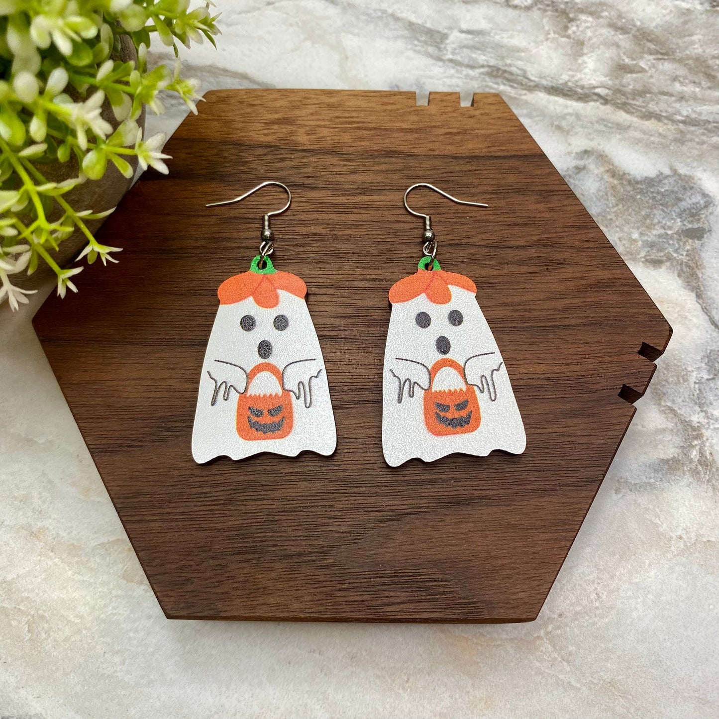 Wooden Dangle Earrings - Halloween - Ghost Pumpkin Hat Bag