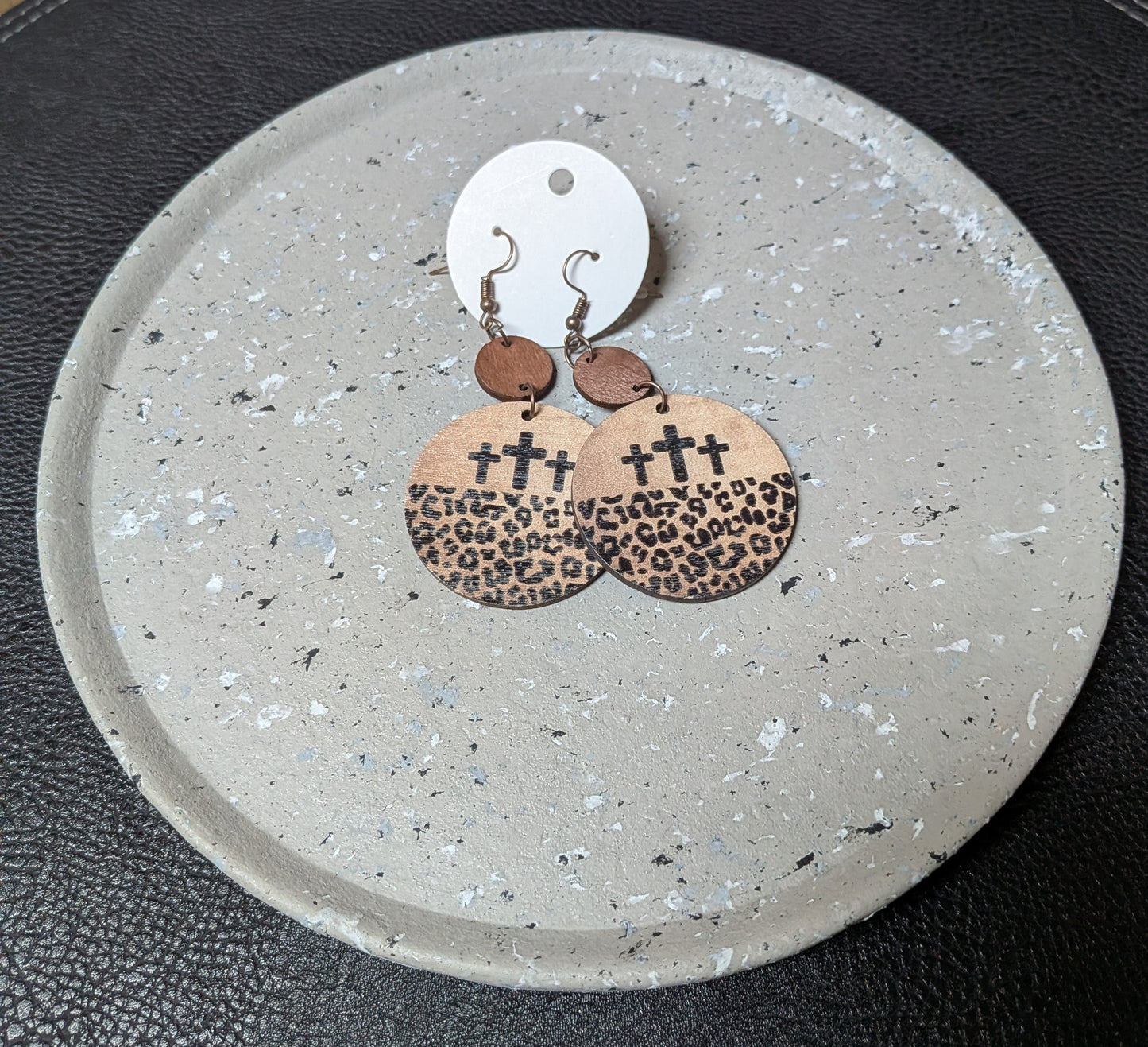Wooden Cheetah Cross Earrings