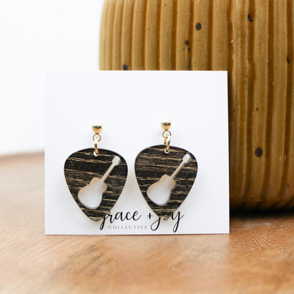 Guitar Pick Dangle Earrings, Acrylic Earrings   : Wood